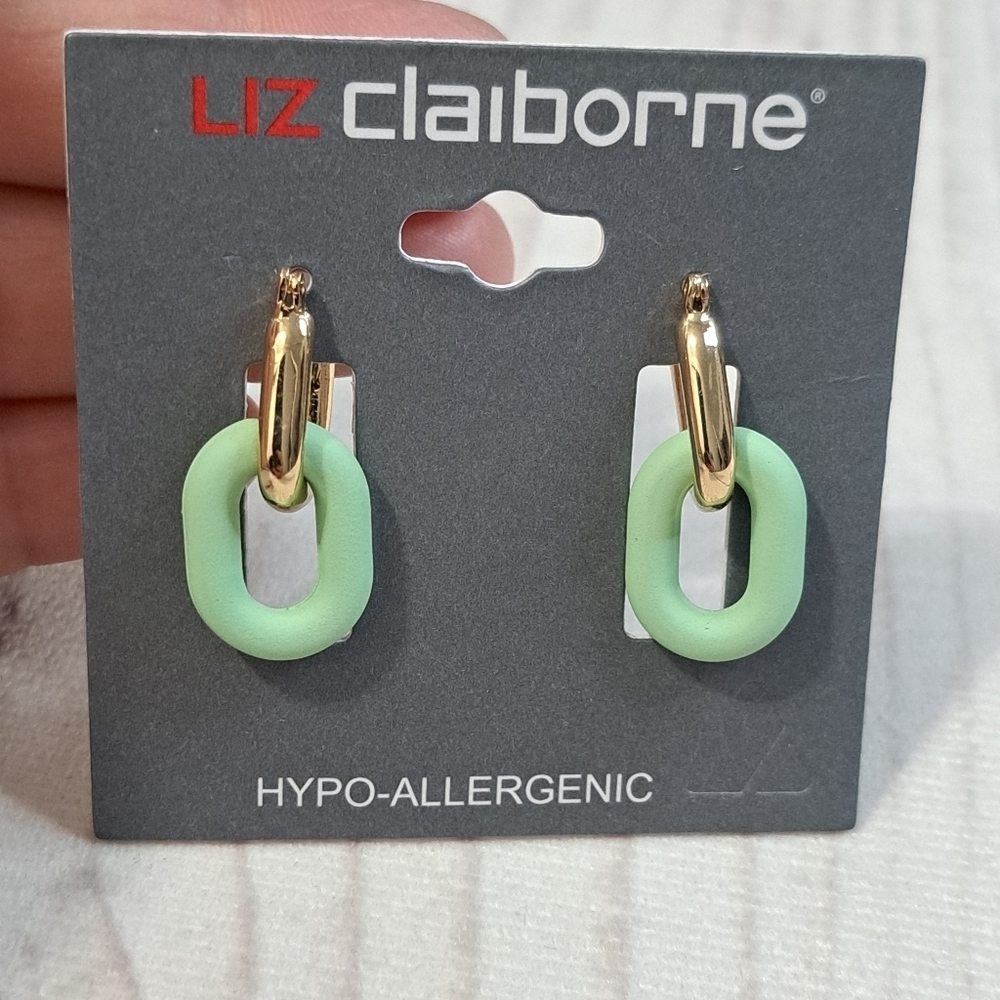 Liz Claiborne Gold Tone and Green Dangle Earrings